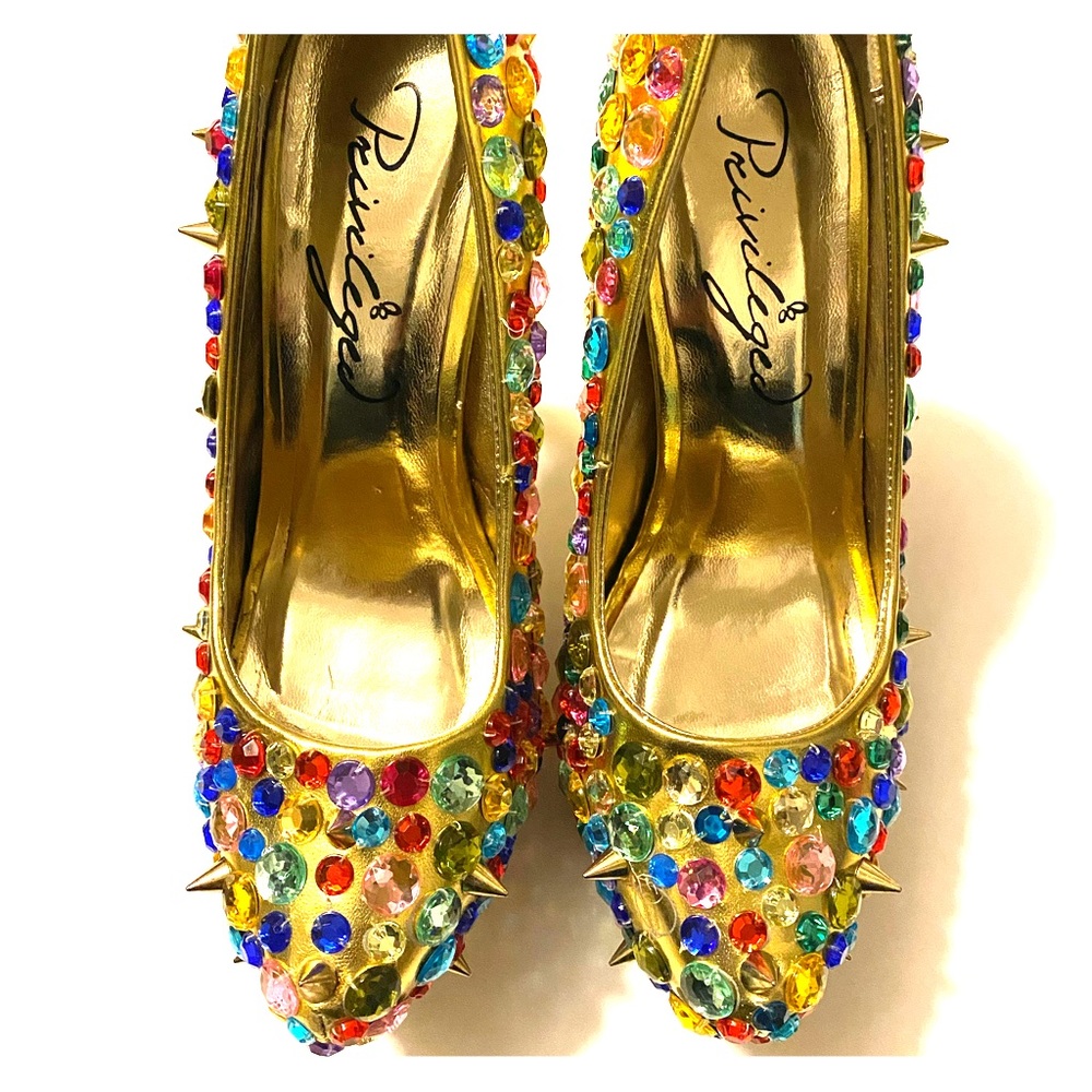 Privileged Purrr Gold Multicolor Rhinestone Heels